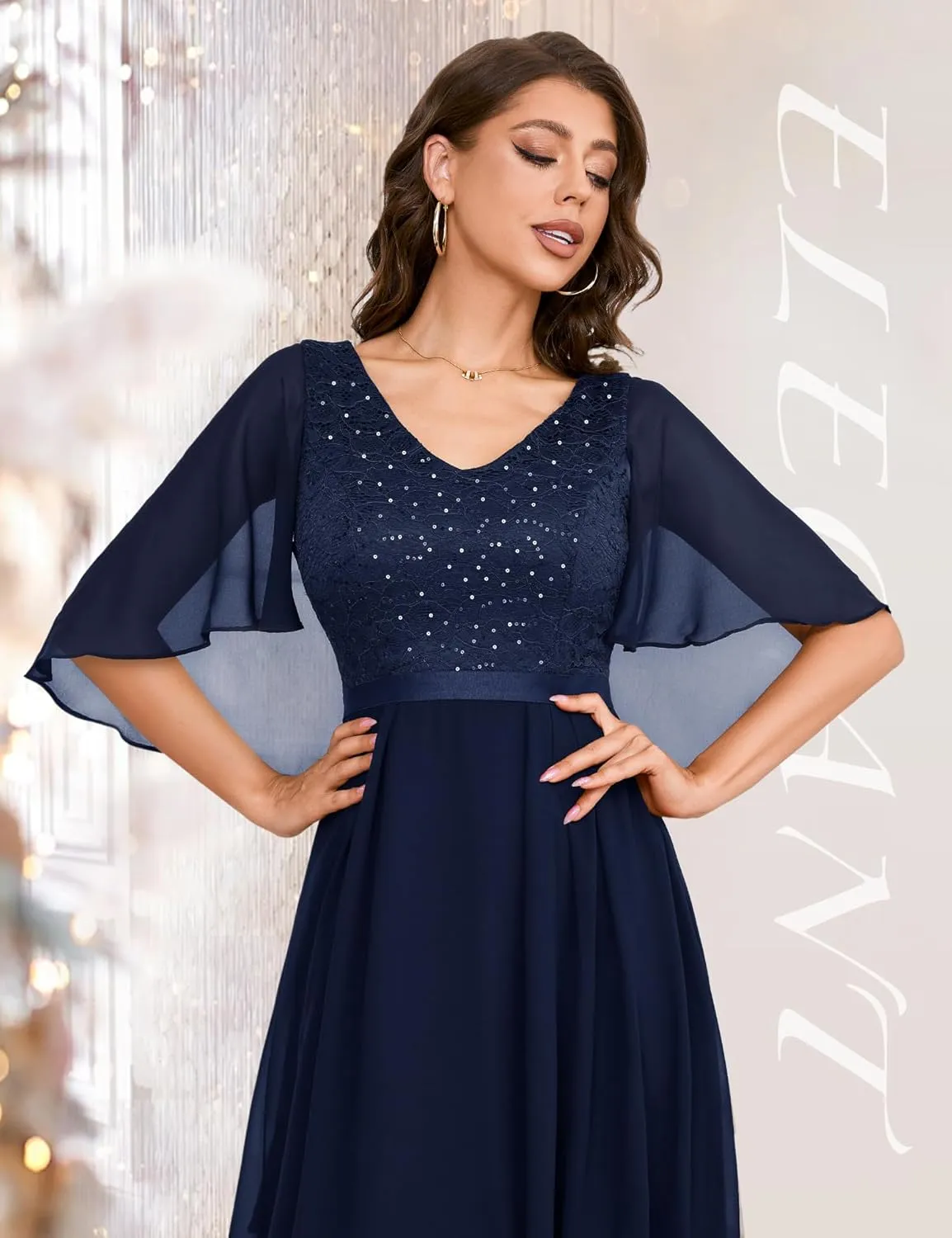 Dressystar Sequin Women Dresses Knee Length Dress Mother of The Bride Wedding Guest V-Neck Evening Formal Cocktail Gowns