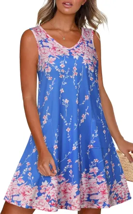 elescat Womens Summer Dresses Casual V Neck Sleeveless Pockets Beach Loose Tank Sundress