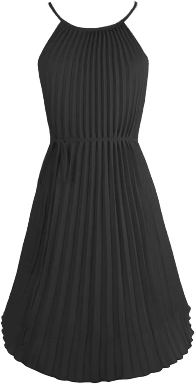 Ellames Women's 2024 Summer Spaghetti Strap Pleated Casual Swing Dress with Belt