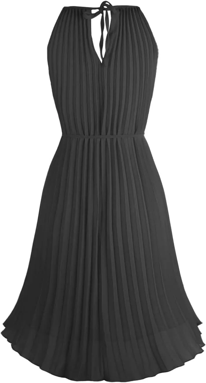 Ellames Women's 2024 Summer Spaghetti Strap Pleated Casual Swing Dress with Belt