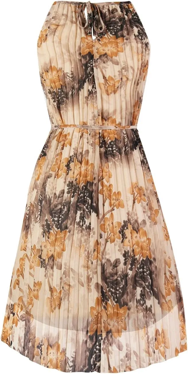 Ellames Women's 2024 Summer Spaghetti Strap Pleated Casual Swing Dress with Belt