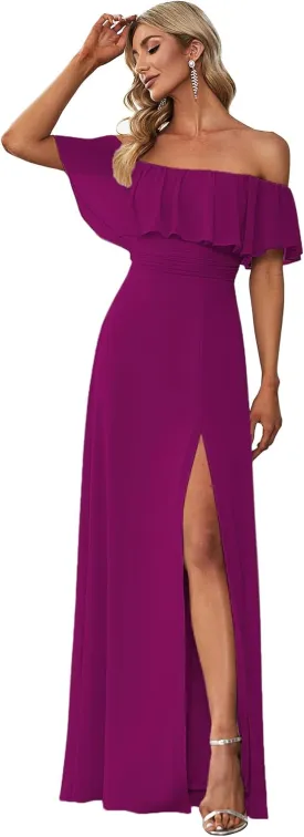 Ever-Pretty Women's Elegant Off The Shoulder Side Split High Waist Flowy Chiffon Maxi Bridesmaid Dress 00968
