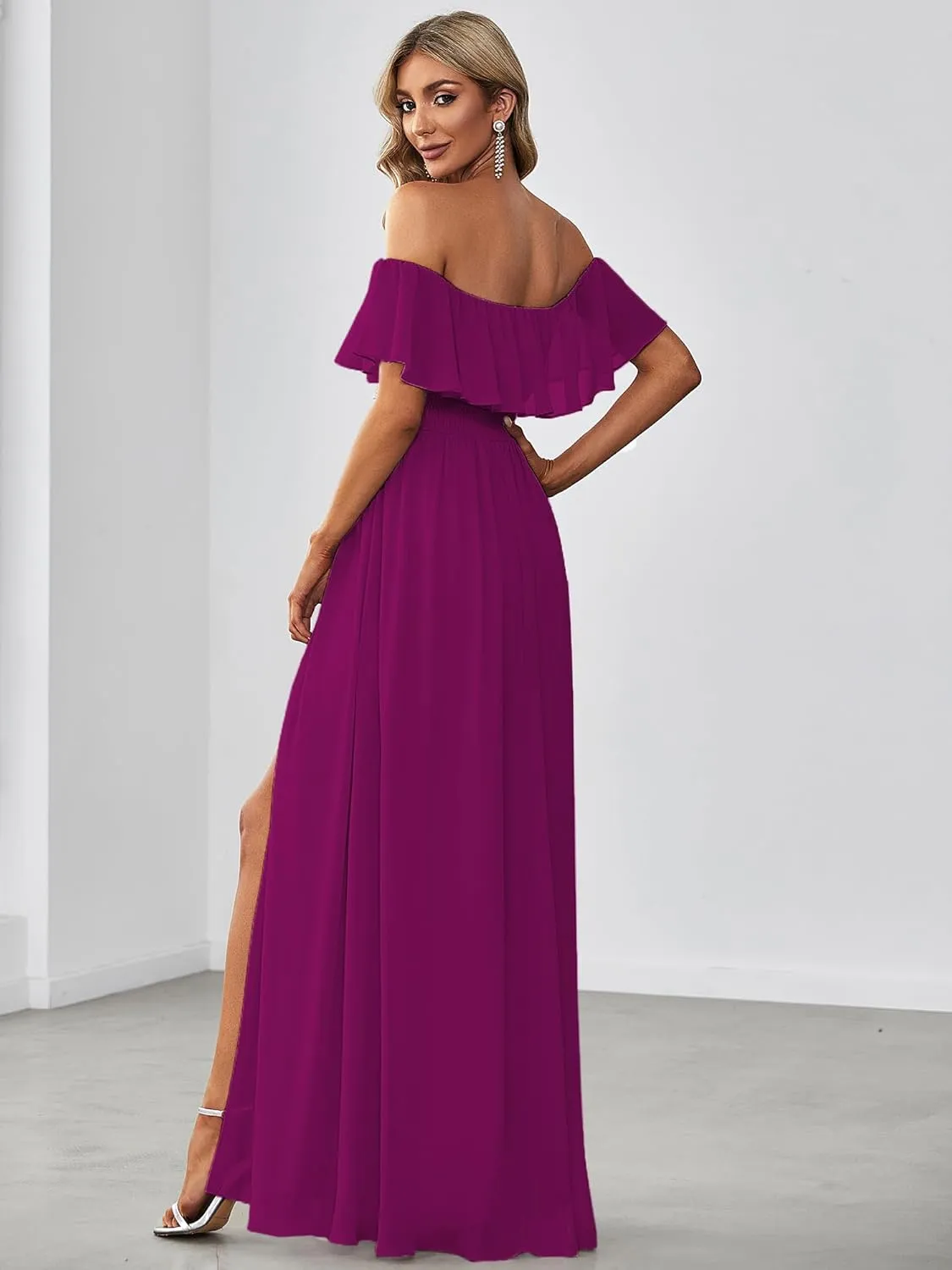 Ever-Pretty Women's Elegant Off The Shoulder Side Split High Waist Flowy Chiffon Maxi Bridesmaid Dress 00968