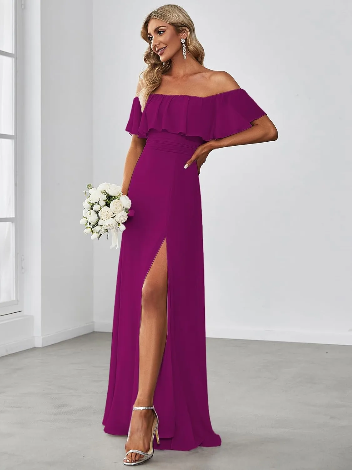 Ever-Pretty Women's Elegant Off The Shoulder Side Split High Waist Flowy Chiffon Maxi Bridesmaid Dress 00968