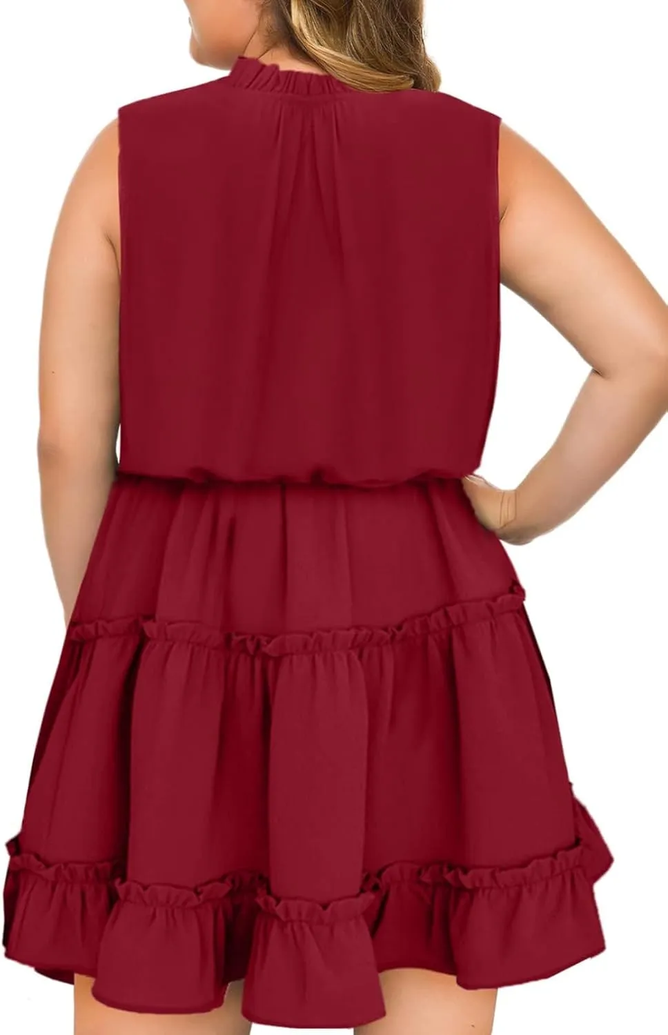 Eytino Womens Plus Size Sleeveless V Neck Drawstring Ruffle Tiered Chiffon Mini Short Dresses,(1X-5X)