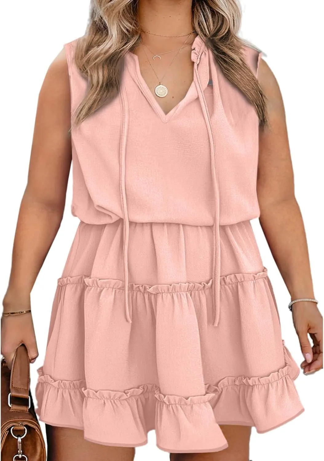 Eytino Womens Plus Size Sleeveless V Neck Drawstring Ruffle Tiered Chiffon Mini Short Dresses,(1X-5X)
