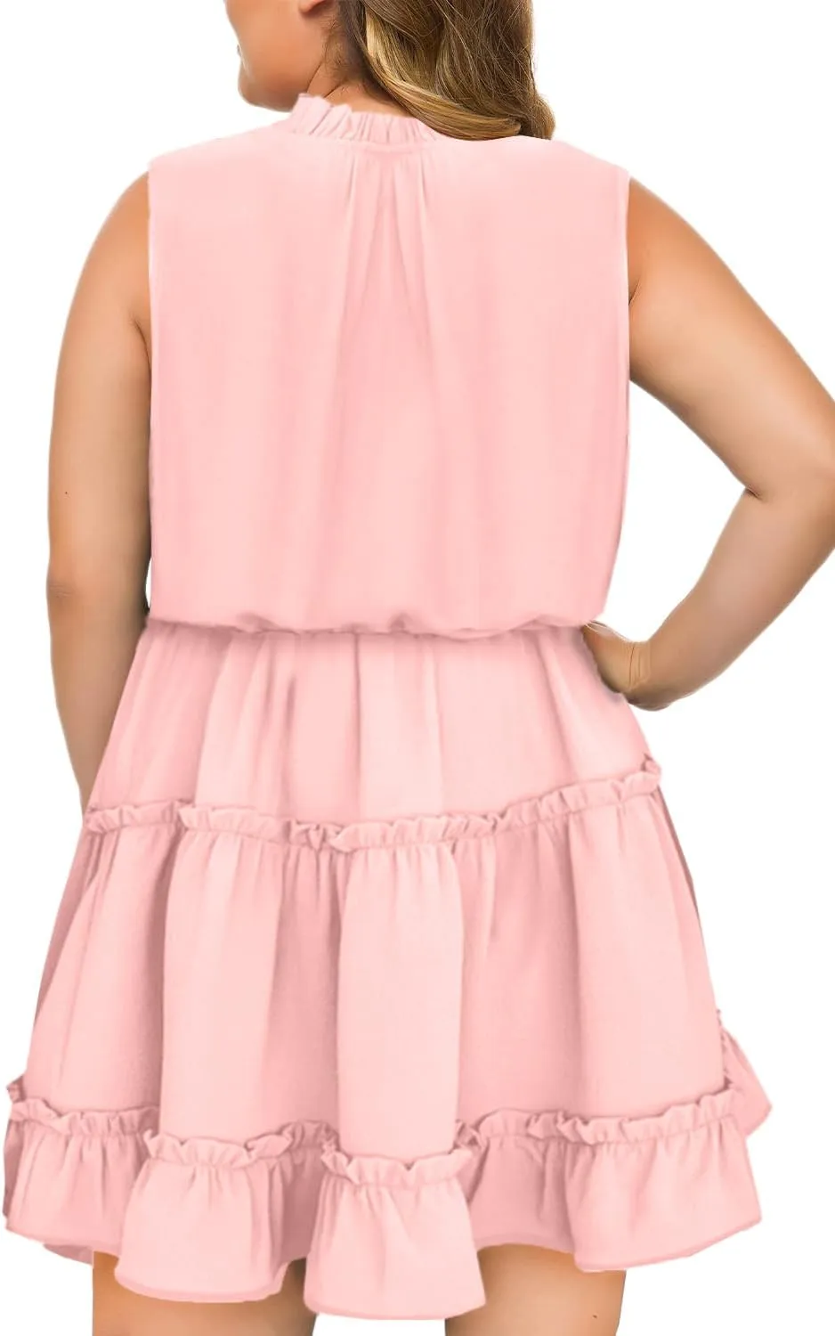Eytino Womens Plus Size Sleeveless V Neck Drawstring Ruffle Tiered Chiffon Mini Short Dresses,(1X-5X)