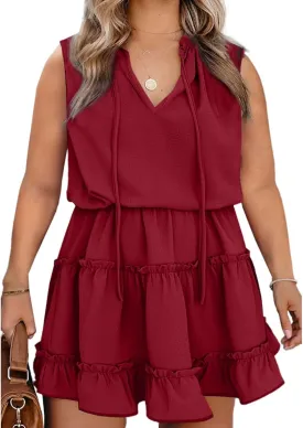 Eytino Womens Plus Size Sleeveless V Neck Drawstring Ruffle Tiered Chiffon Mini Short Dresses,(1X-5X)