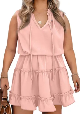 Eytino Womens Plus Size Sleeveless V Neck Drawstring Ruffle Tiered Chiffon Mini Short Dresses,(1X-5X)