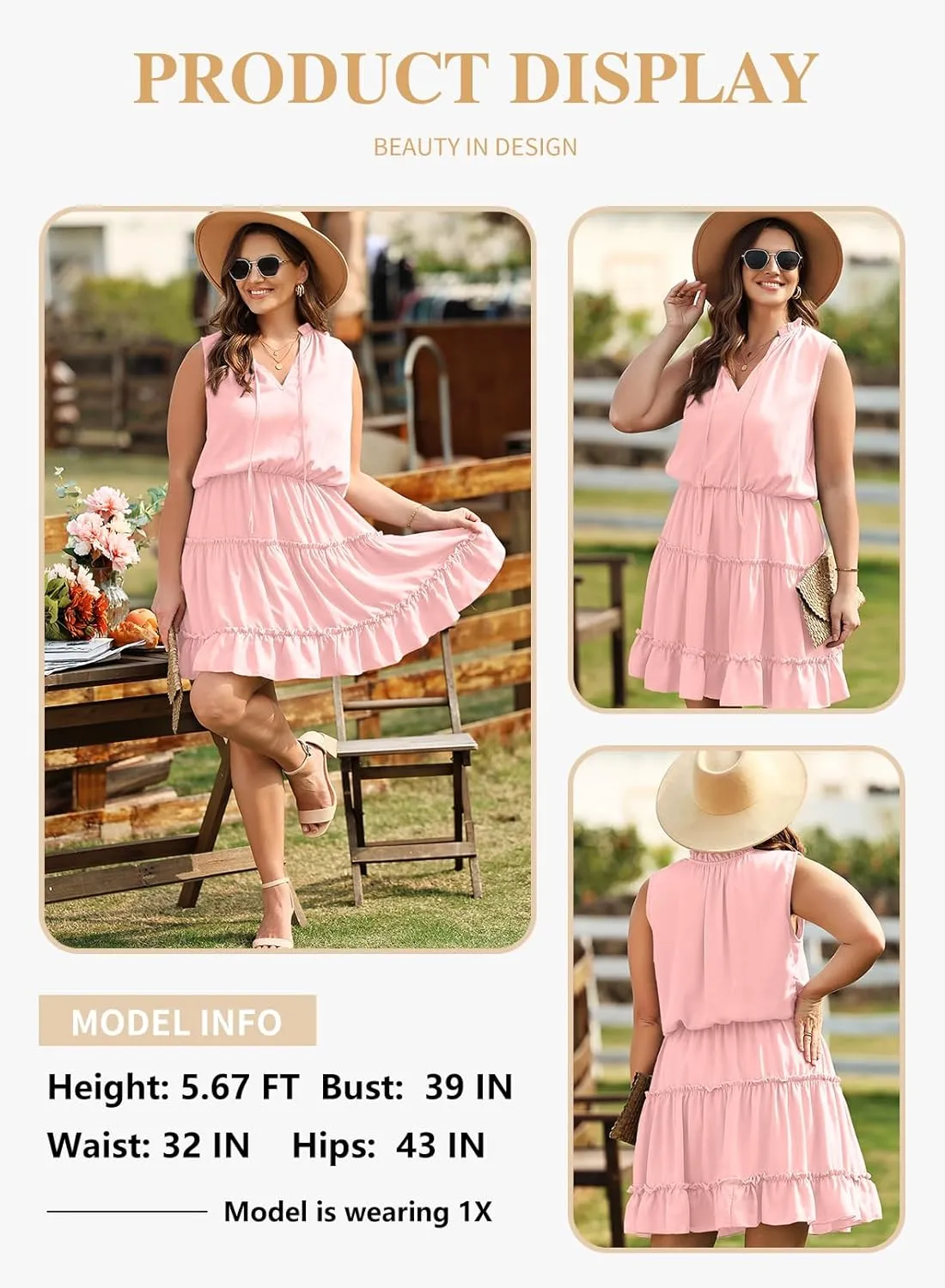 Eytino Womens Plus Size Sleeveless V Neck Drawstring Ruffle Tiered Chiffon Mini Short Dresses,(1X-5X)