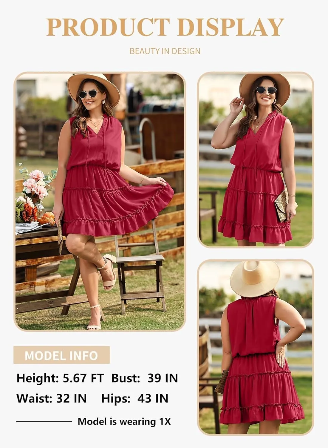 Eytino Womens Plus Size Sleeveless V Neck Drawstring Ruffle Tiered Chiffon Mini Short Dresses,(1X-5X)