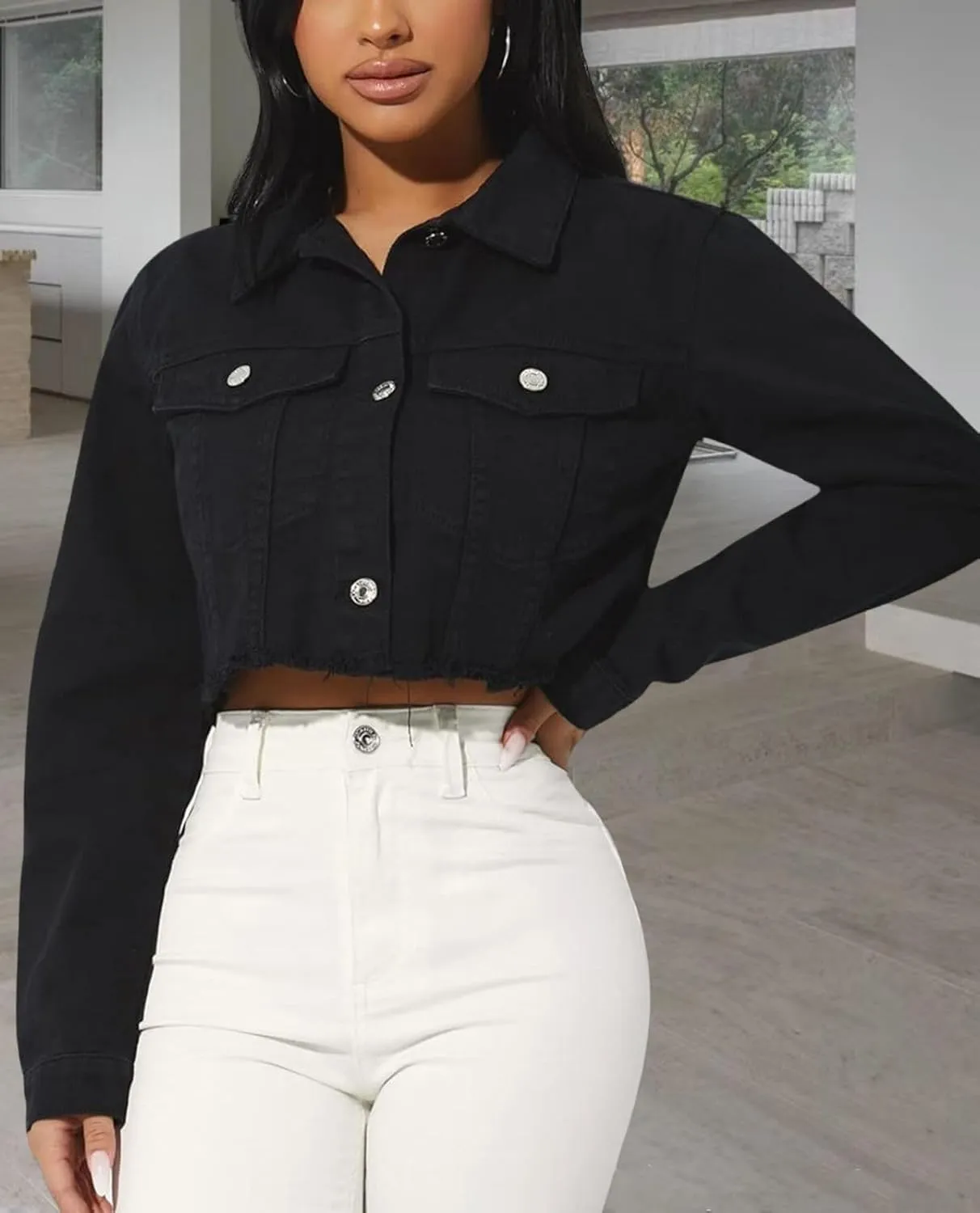 FairBeauty Women's Washed Distressed Denim Jacket Long Sleeve Ripped Button Up Cropped Jean Jacket