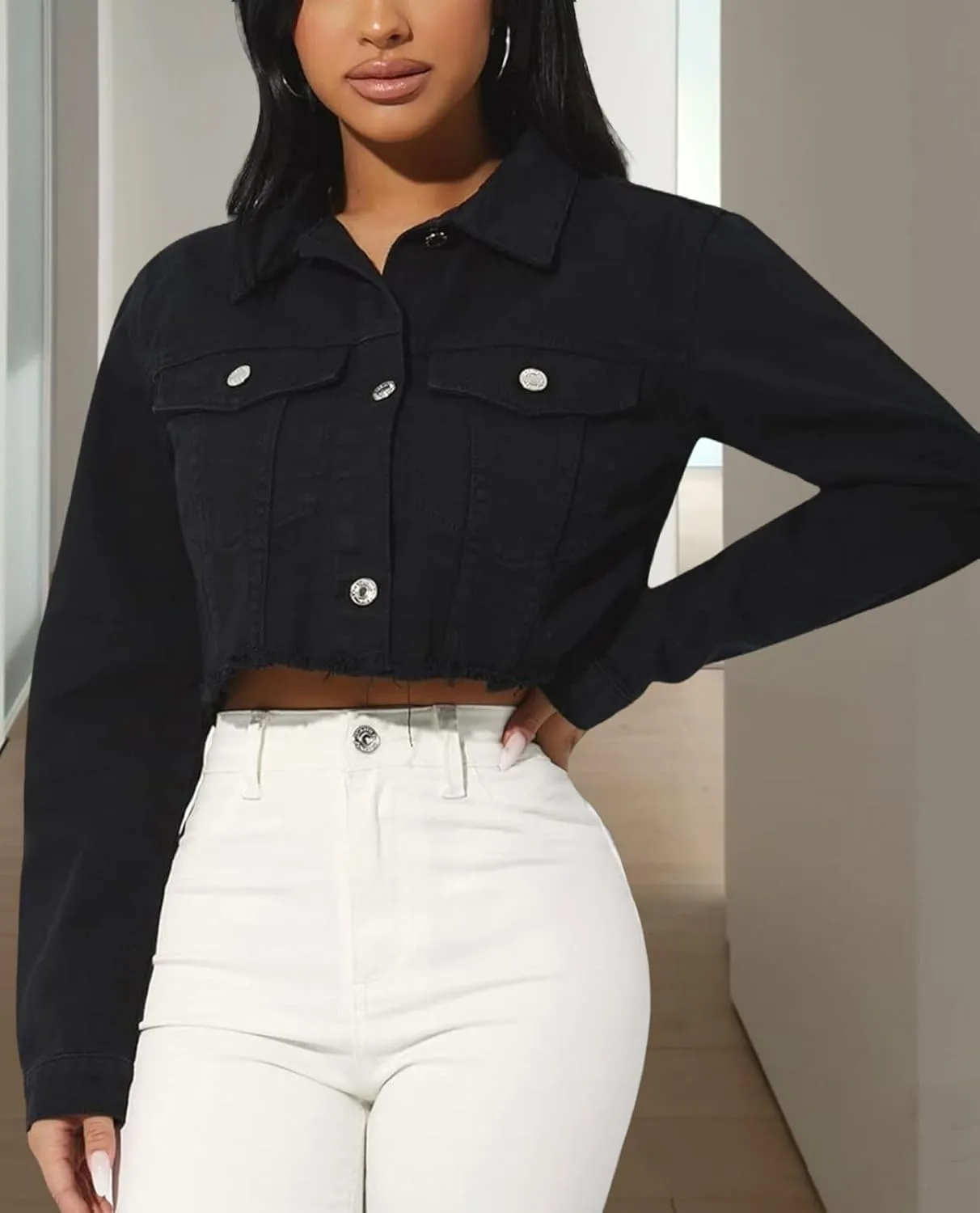 FairBeauty Women's Washed Distressed Denim Jacket Long Sleeve Ripped Button Up Cropped Jean Jacket