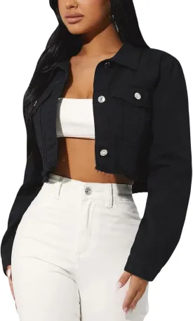 FairBeauty Women's Washed Distressed Denim Jacket Long Sleeve Ripped Button Up Cropped Jean Jacket