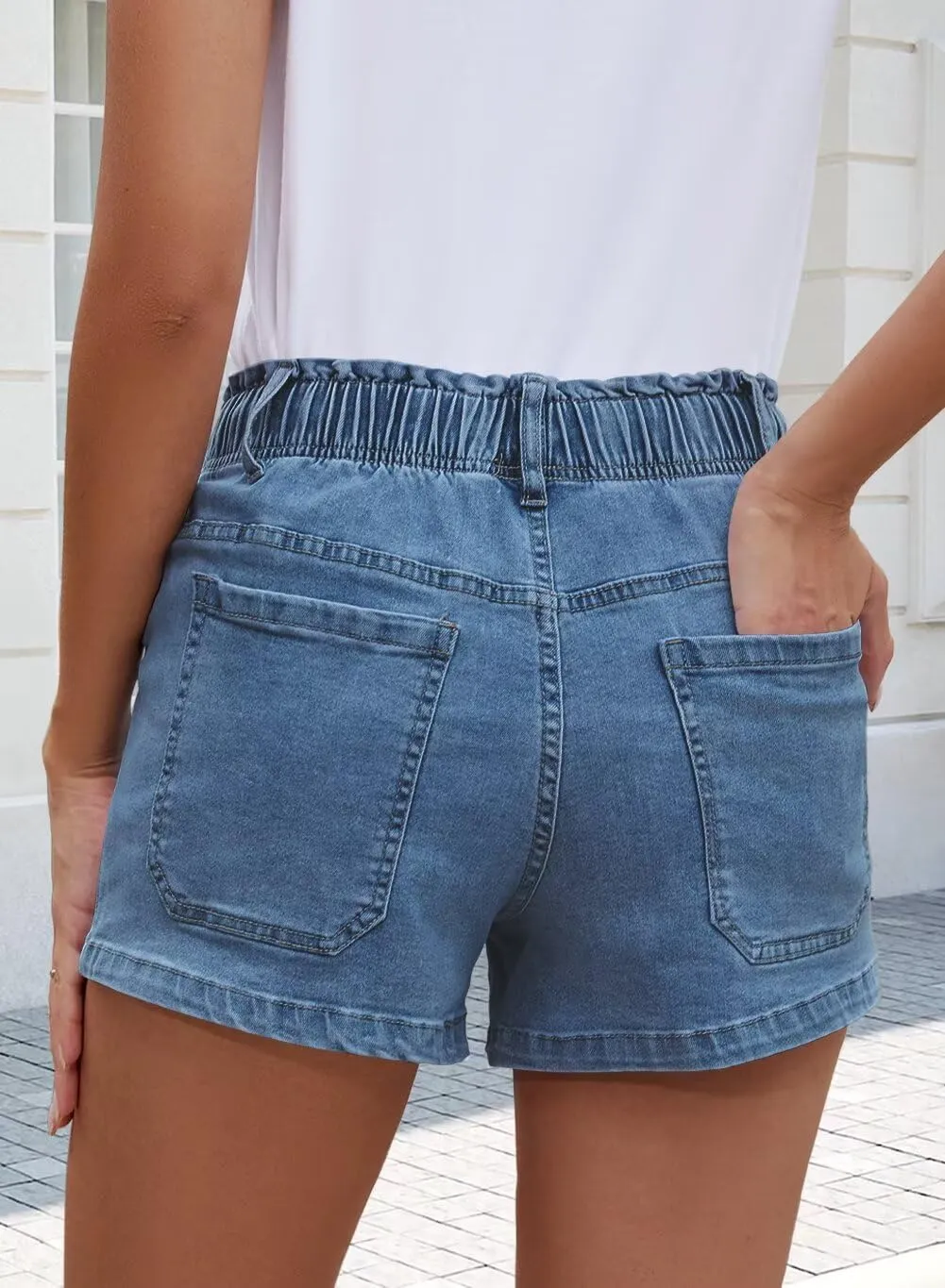 FEKOAFE Womens Stretchy Denim Shorts 2025 Summer Casual Drawstring Elastic Waist Jean Shorts with Pockets