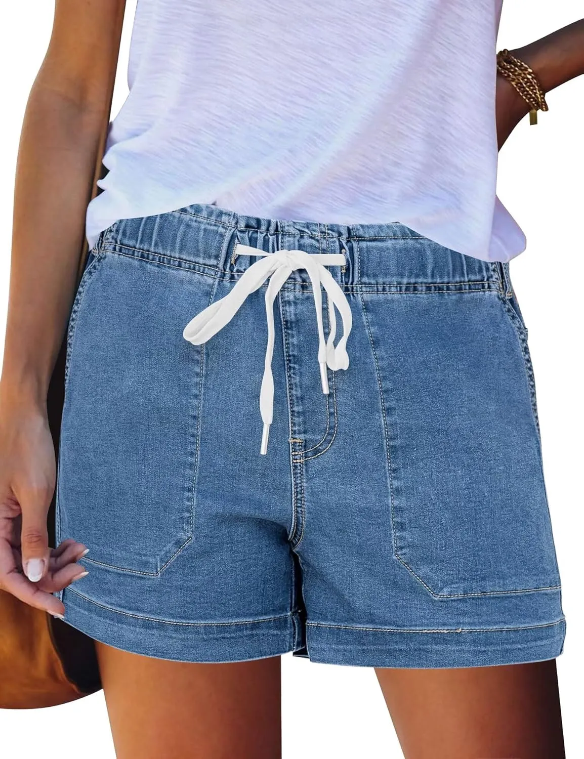 FEKOAFE Womens Stretchy Denim Shorts 2025 Summer Casual Drawstring Elastic Waist Jean Shorts with Pockets