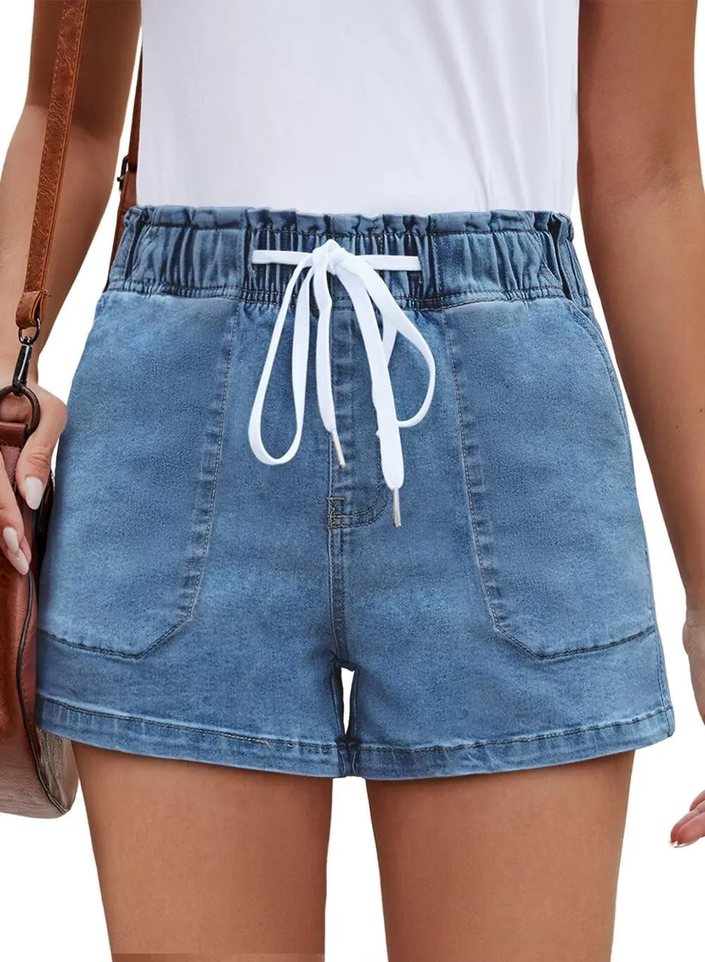 FEKOAFE Womens Stretchy Denim Shorts 2025 Summer Casual Drawstring Elastic Waist Jean Shorts with Pockets