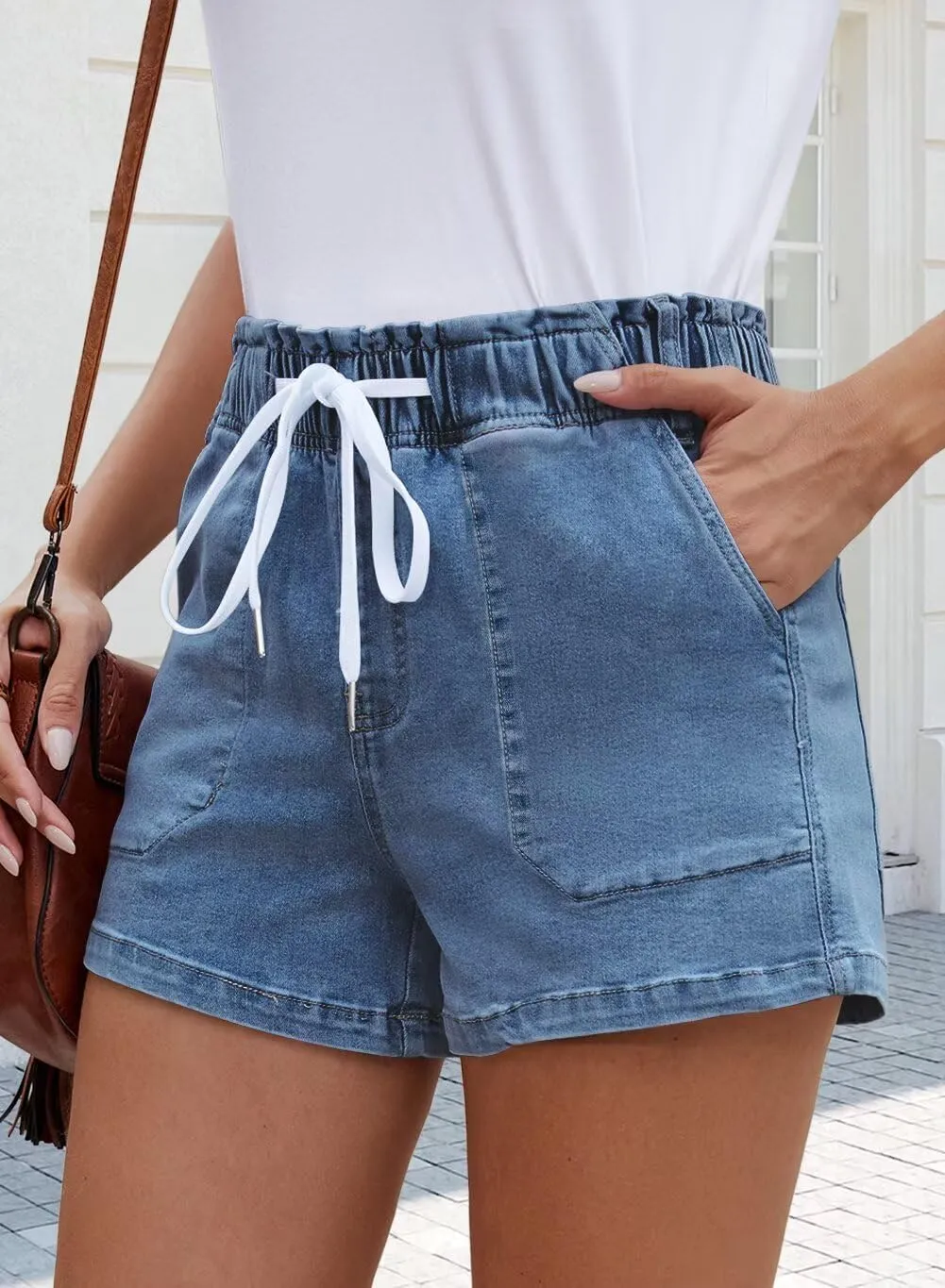 FEKOAFE Womens Stretchy Denim Shorts 2025 Summer Casual Drawstring Elastic Waist Jean Shorts with Pockets