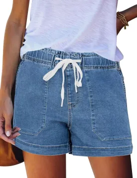 FEKOAFE Womens Stretchy Denim Shorts 2025 Summer Casual Drawstring Elastic Waist Jean Shorts with Pockets