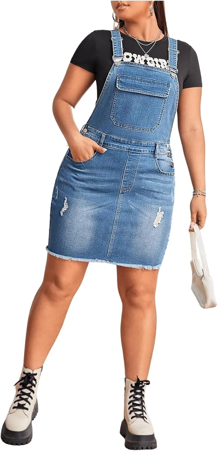 Floerns Women's Plus Size Ripped Raw Hem Denim Overall Pinafore Dress Without Tee