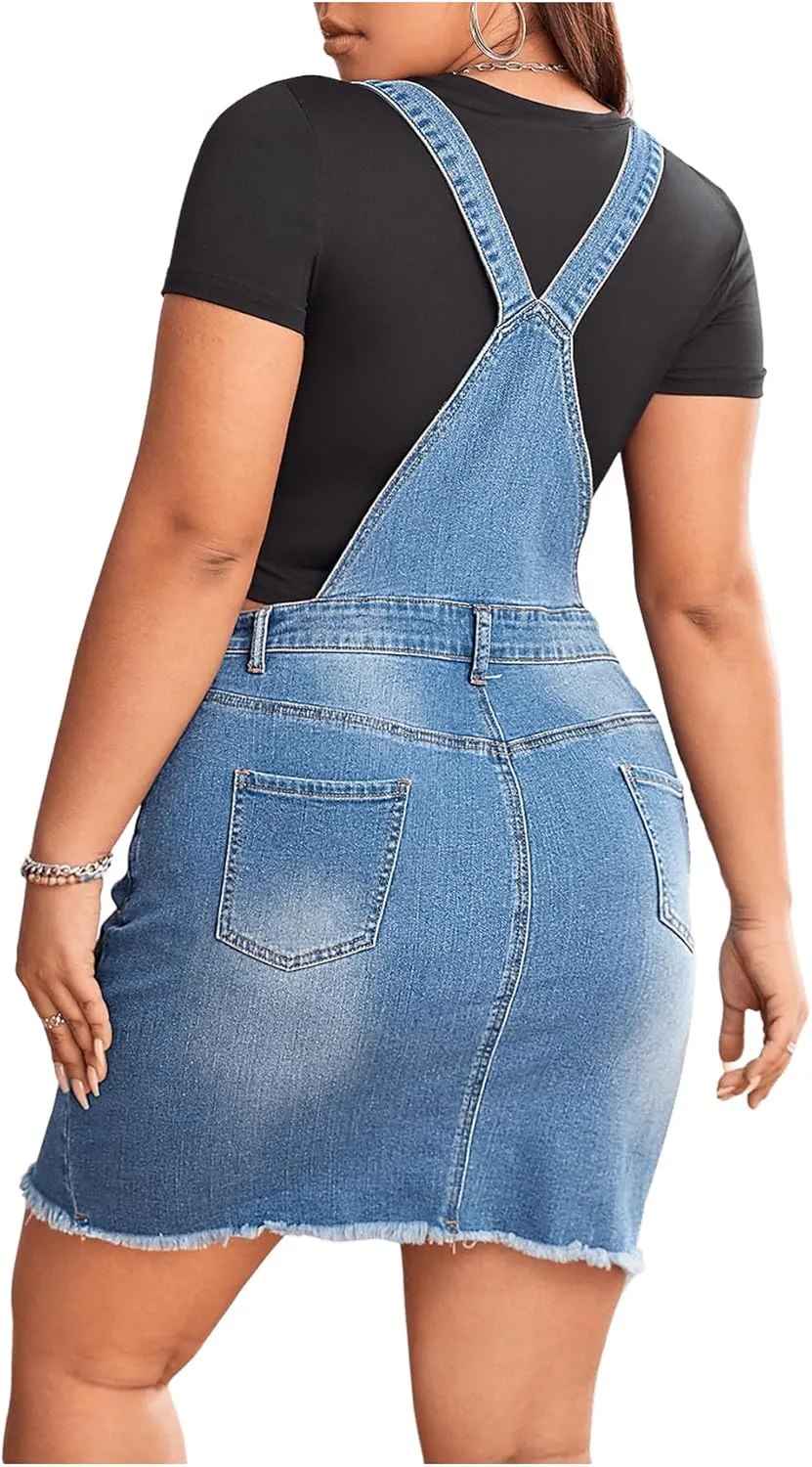 Floerns Women's Plus Size Ripped Raw Hem Denim Overall Pinafore Dress Without Tee