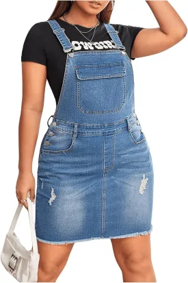 Floerns Women's Plus Size Ripped Raw Hem Denim Overall Pinafore Dress Without Tee