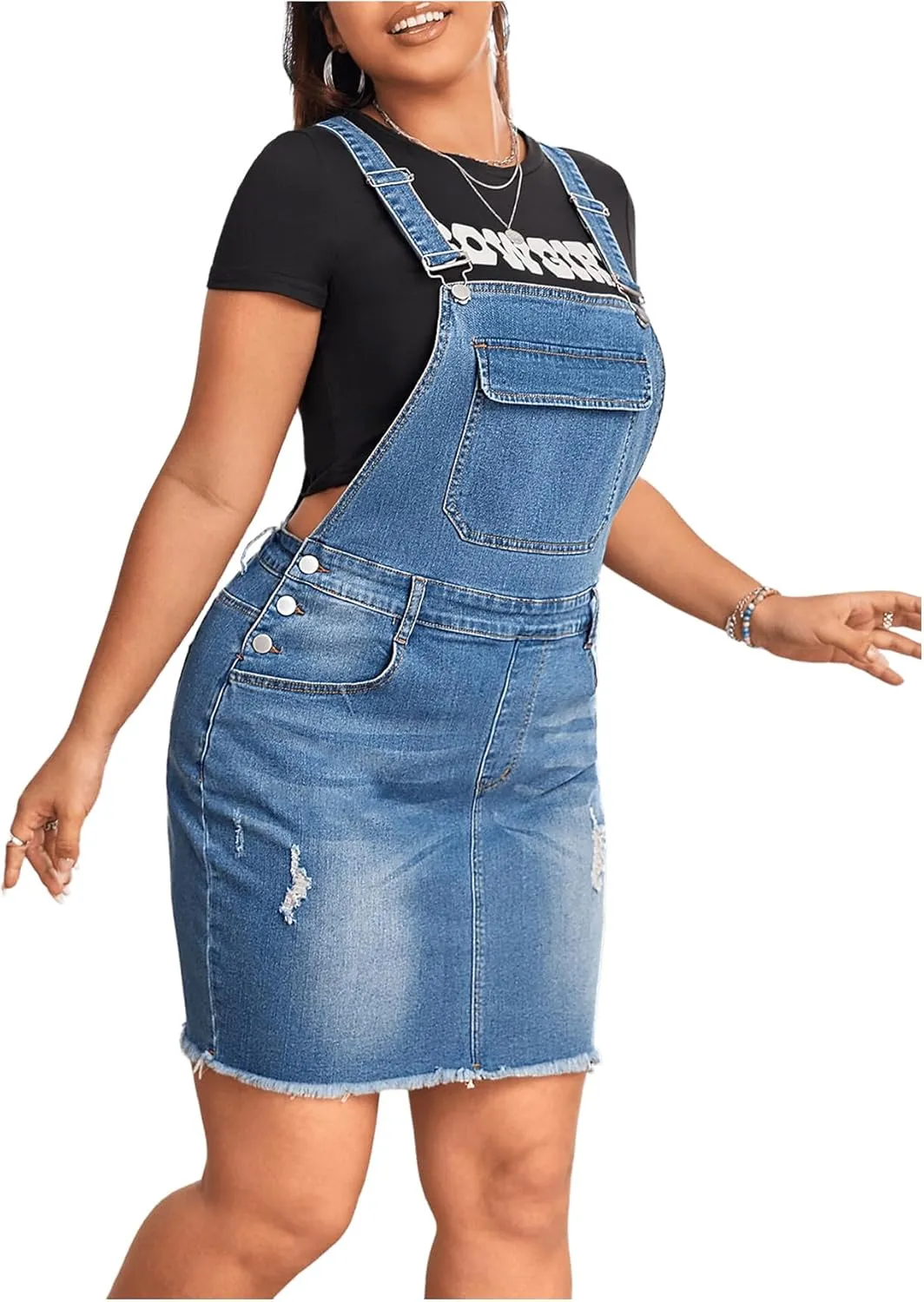 Floerns Women's Plus Size Ripped Raw Hem Denim Overall Pinafore Dress Without Tee