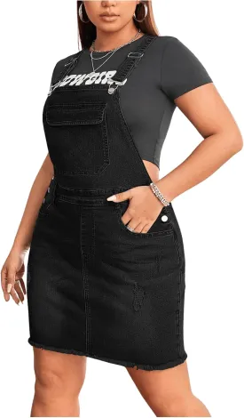 Floerns Women's Plus Size Ripped Raw Hem Denim Overall Pinafore Dress Without Tee