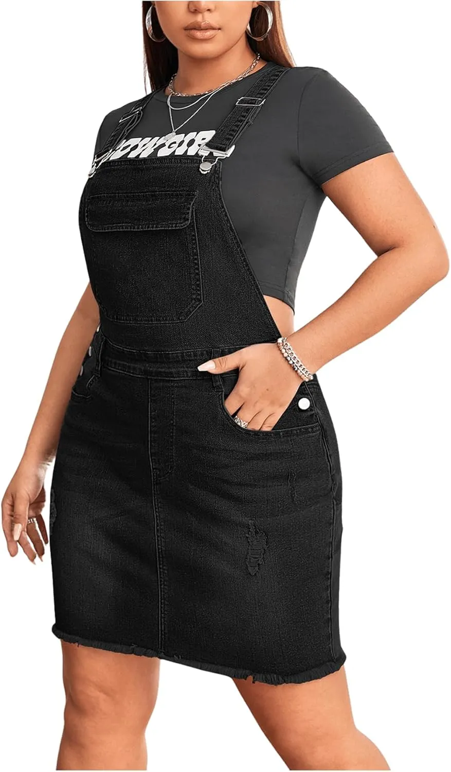 Floerns Women's Plus Size Ripped Raw Hem Denim Overall Pinafore Dress Without Tee