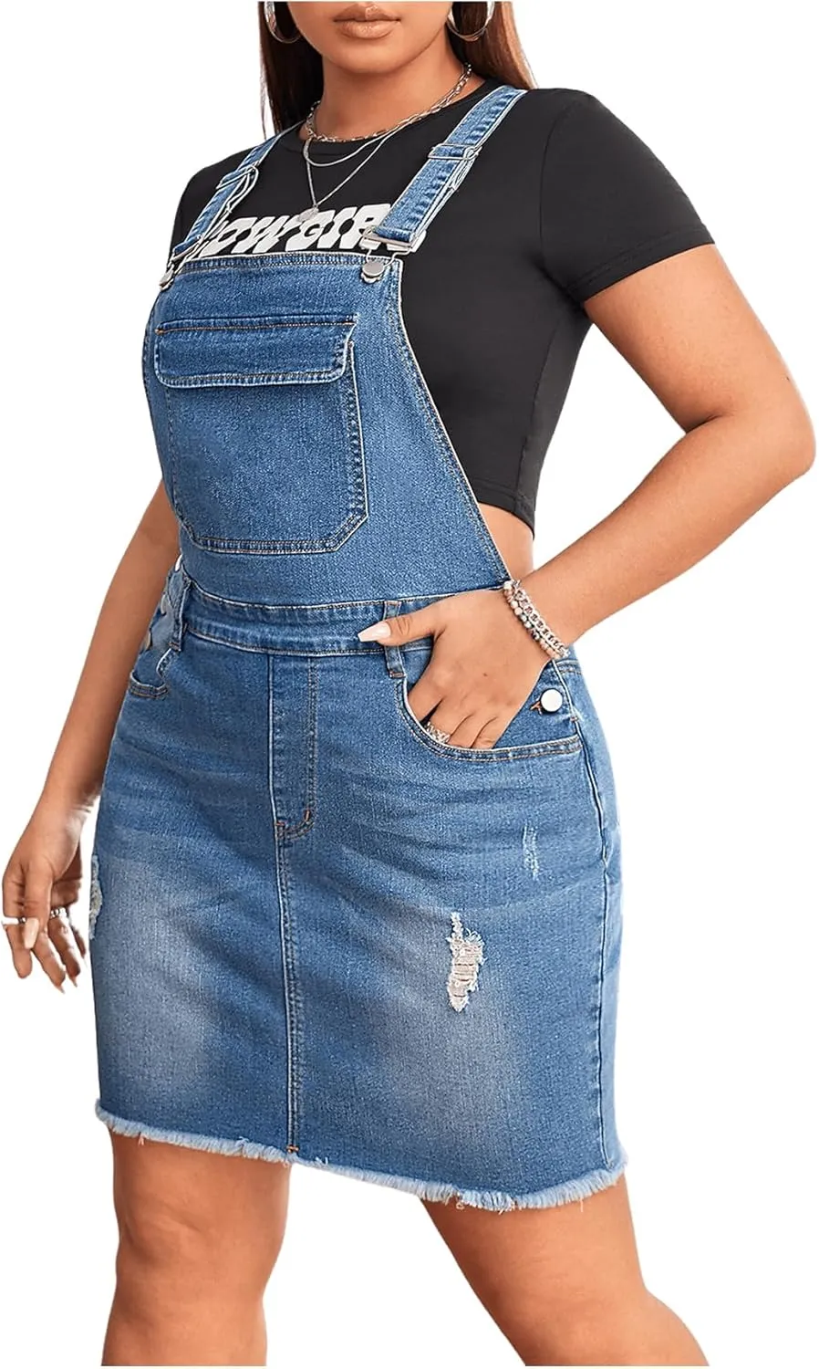 Floerns Women's Plus Size Ripped Raw Hem Denim Overall Pinafore Dress Without Tee