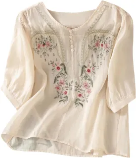 Floral Embroidered Tops Cotton Linen Shirts Boho Ethnic Style Peasant Tee Women 3/4 Sleeve V Neck Button Tunic Tshirt