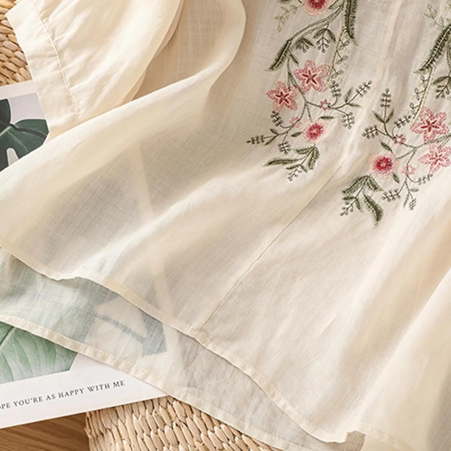 Floral Embroidered Tops Cotton Linen Shirts Boho Ethnic Style Peasant Tee Women 3/4 Sleeve V Neck Button Tunic Tshirt