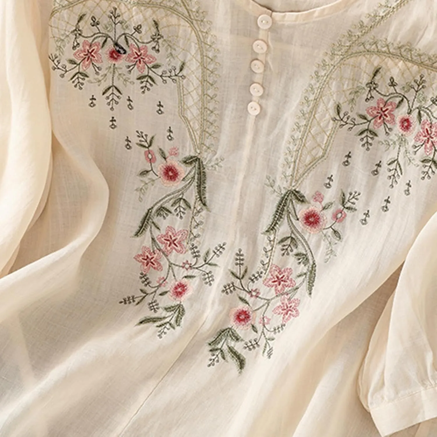 Floral Embroidered Tops Cotton Linen Shirts Boho Ethnic Style Peasant Tee Women 3/4 Sleeve V Neck Button Tunic Tshirt