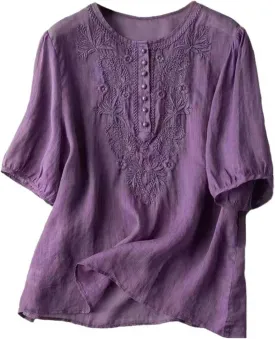 Floral Embroidered Tops Cotton Linen Shirts Boho Ethnic Style Peasant Tee Women 3/4 Sleeve V Neck Button Tunic Tshirt