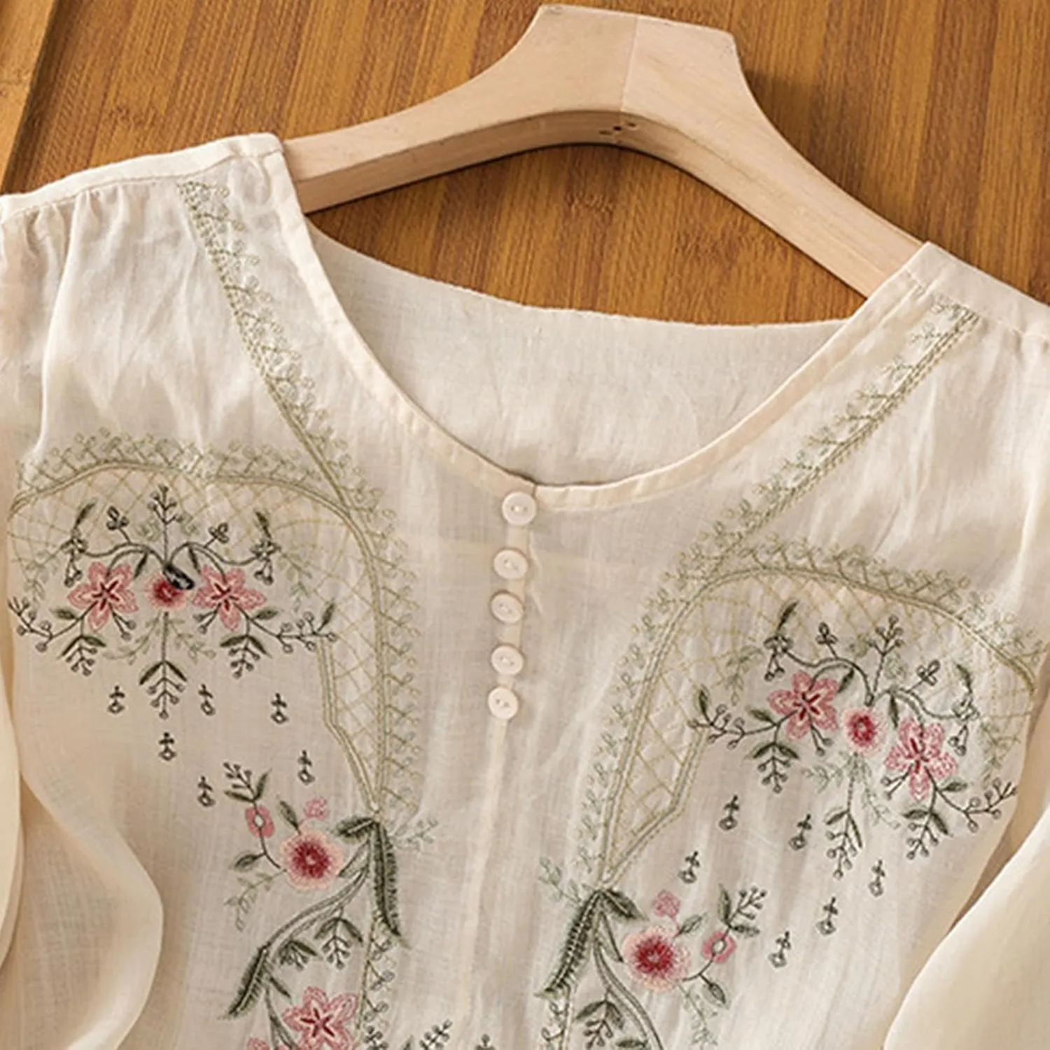 Floral Embroidered Tops Cotton Linen Shirts Boho Ethnic Style Peasant Tee Women 3/4 Sleeve V Neck Button Tunic Tshirt