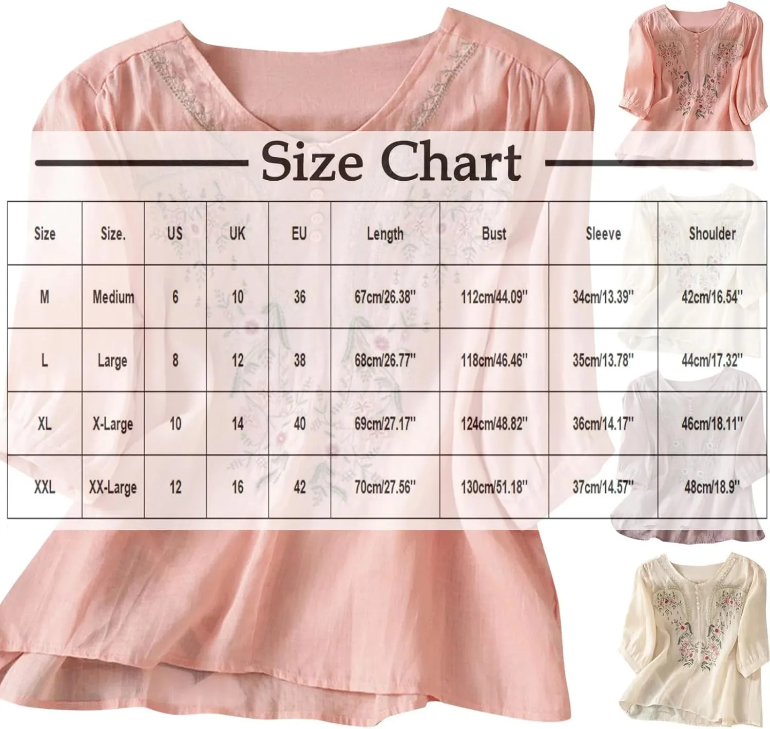 Floral Embroidered Tops Cotton Linen Shirts Boho Ethnic Style Peasant Tee Women 3/4 Sleeve V Neck Button Tunic Tshirt