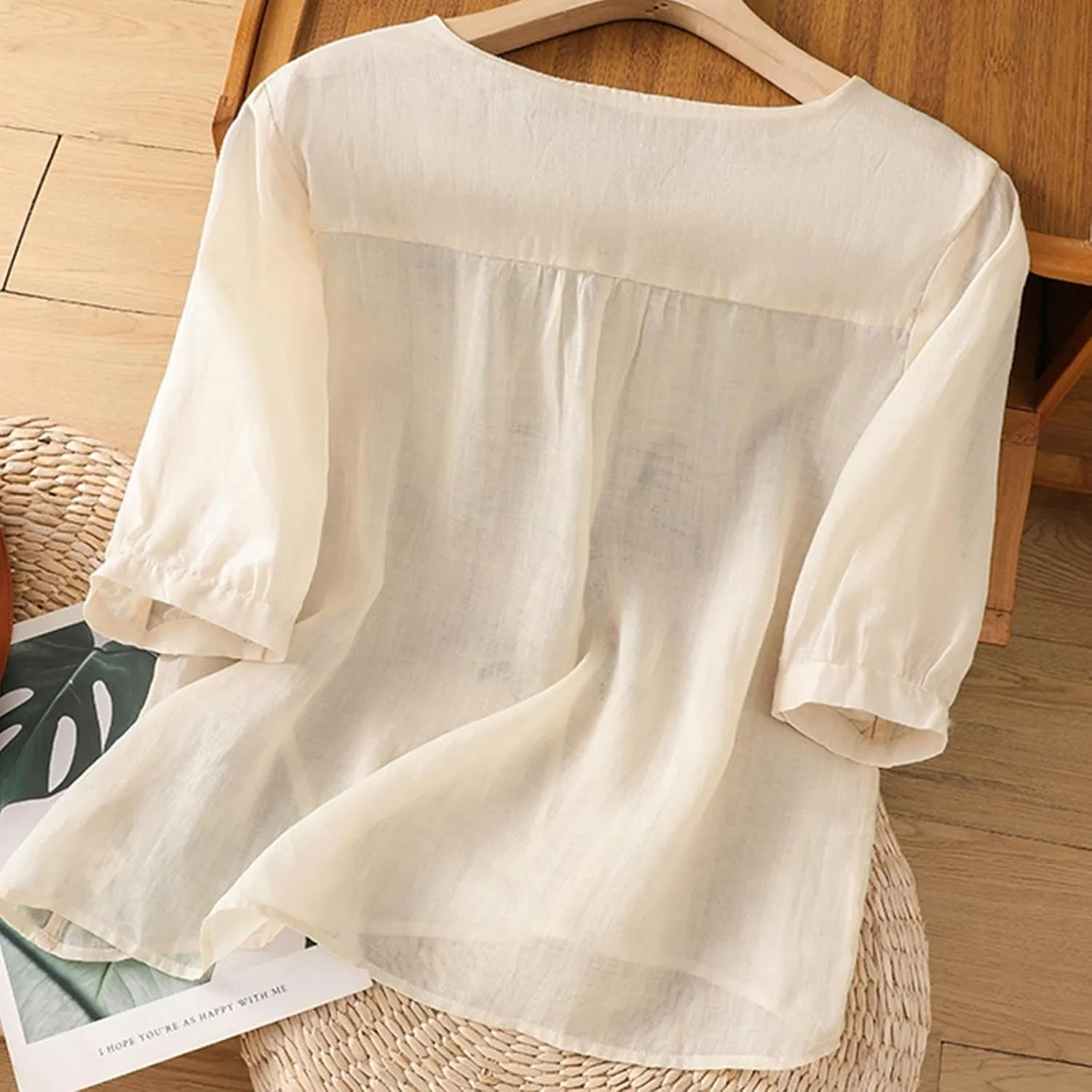 Floral Embroidered Tops Cotton Linen Shirts Boho Ethnic Style Peasant Tee Women 3/4 Sleeve V Neck Button Tunic Tshirt