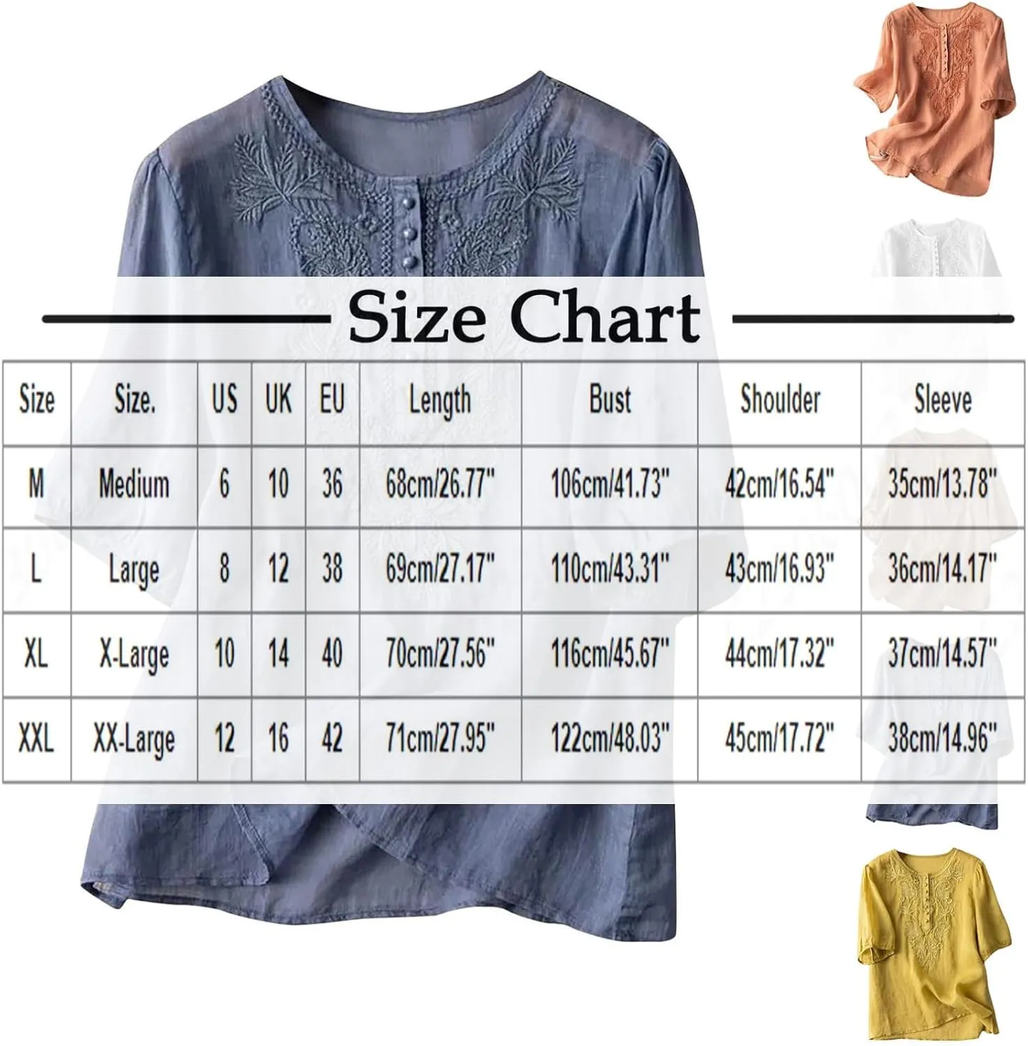 Floral Embroidered Tops Cotton Linen Shirts Boho Ethnic Style Peasant Tee Women 3/4 Sleeve V Neck Button Tunic Tshirt