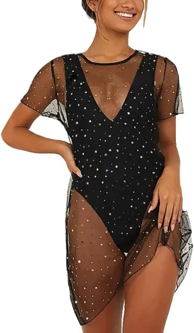 FYMNSI Women's Sexy Glitter Sheer Mesh Dress See Through Fishnet Dress Long T-Shirts Bikini Cover Up Beach Swimwear Clubwear