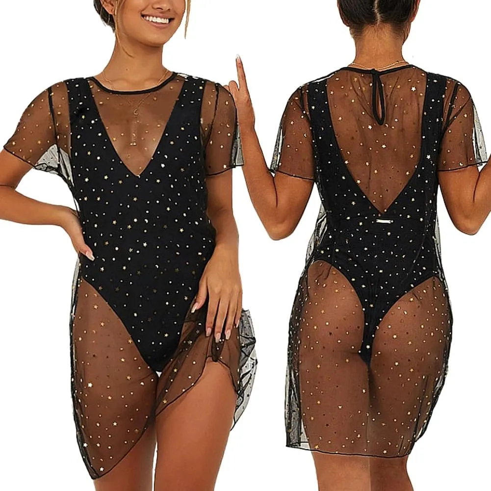 FYMNSI Women's Sexy Glitter Sheer Mesh Dress See Through Fishnet Dress Long T-Shirts Bikini Cover Up Beach Swimwear Clubwear