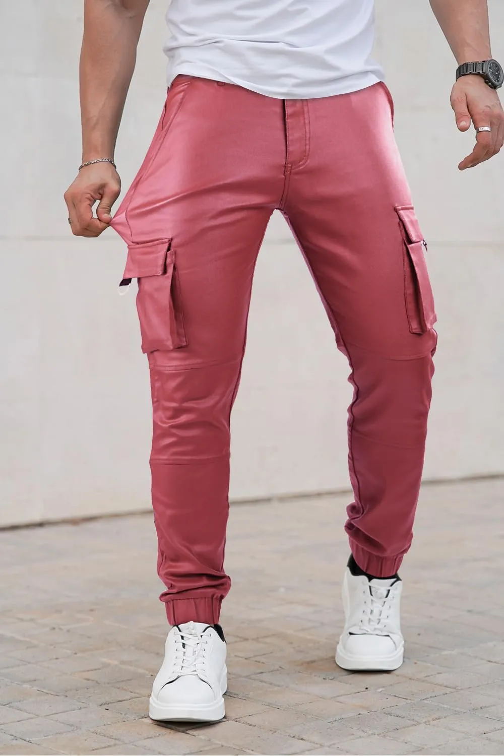 GINGTTO Mens Cargo Pants Joggers Leather Pants for Men Slim Fit