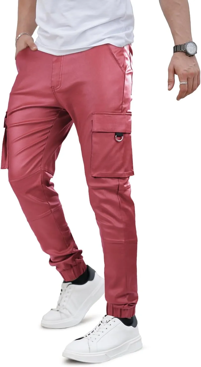 GINGTTO Mens Cargo Pants Joggers Leather Pants for Men Slim Fit