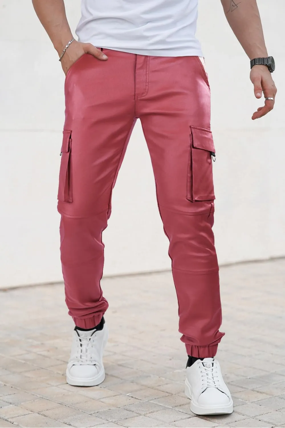 GINGTTO Mens Cargo Pants Joggers Leather Pants for Men Slim Fit