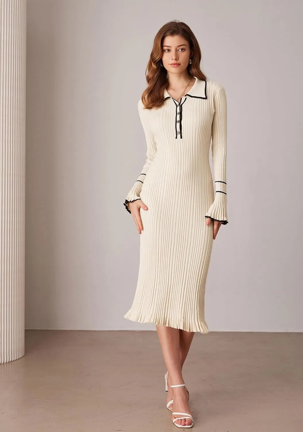 GRACE KARIN Women's 2024 Long Sleeve Sweater Dress Button Knit Slim Fit Casual V Neck Elegant Bodycon Midi Dresses