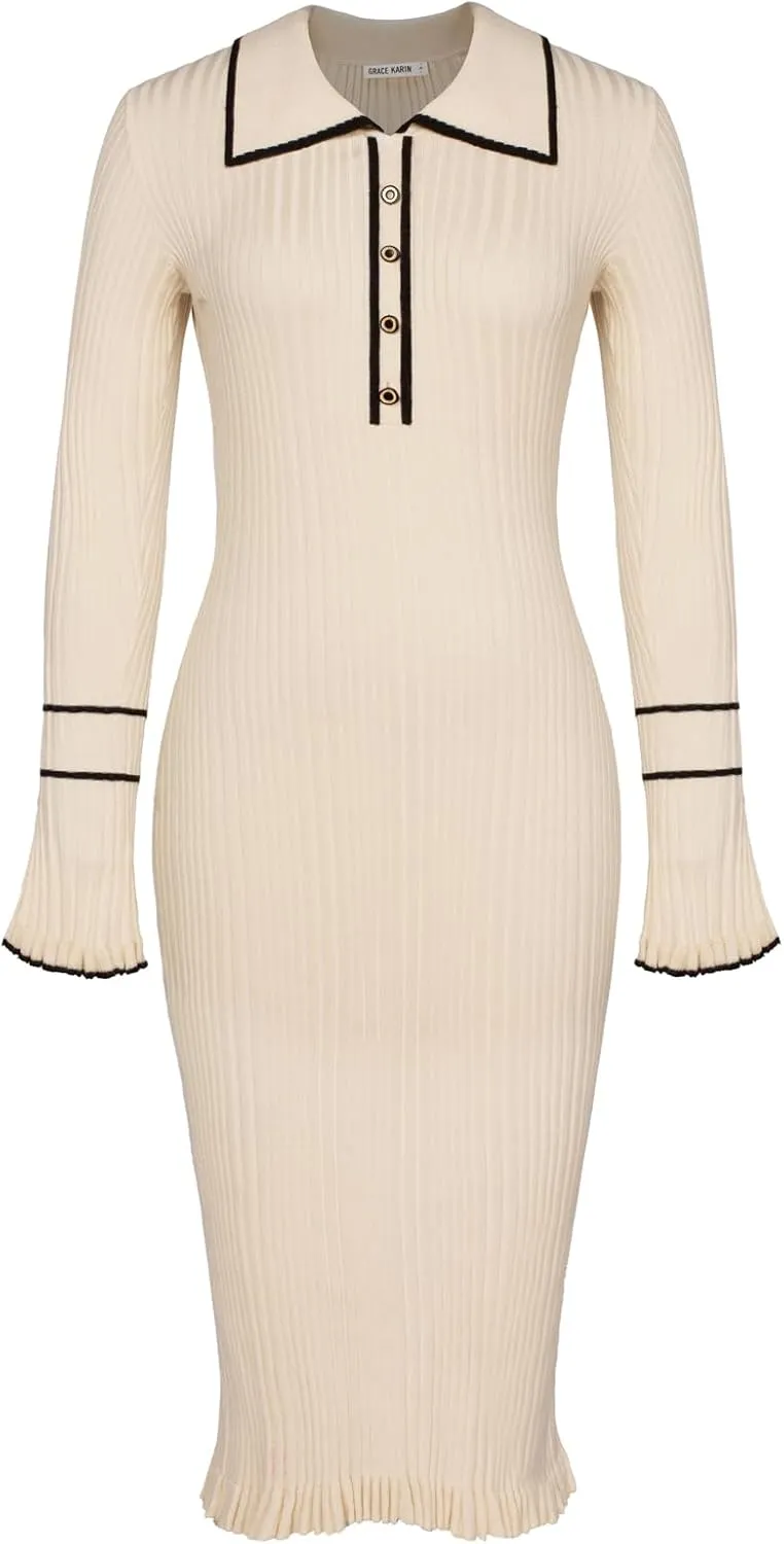 GRACE KARIN Women's 2024 Long Sleeve Sweater Dress Button Knit Slim Fit Casual V Neck Elegant Bodycon Midi Dresses