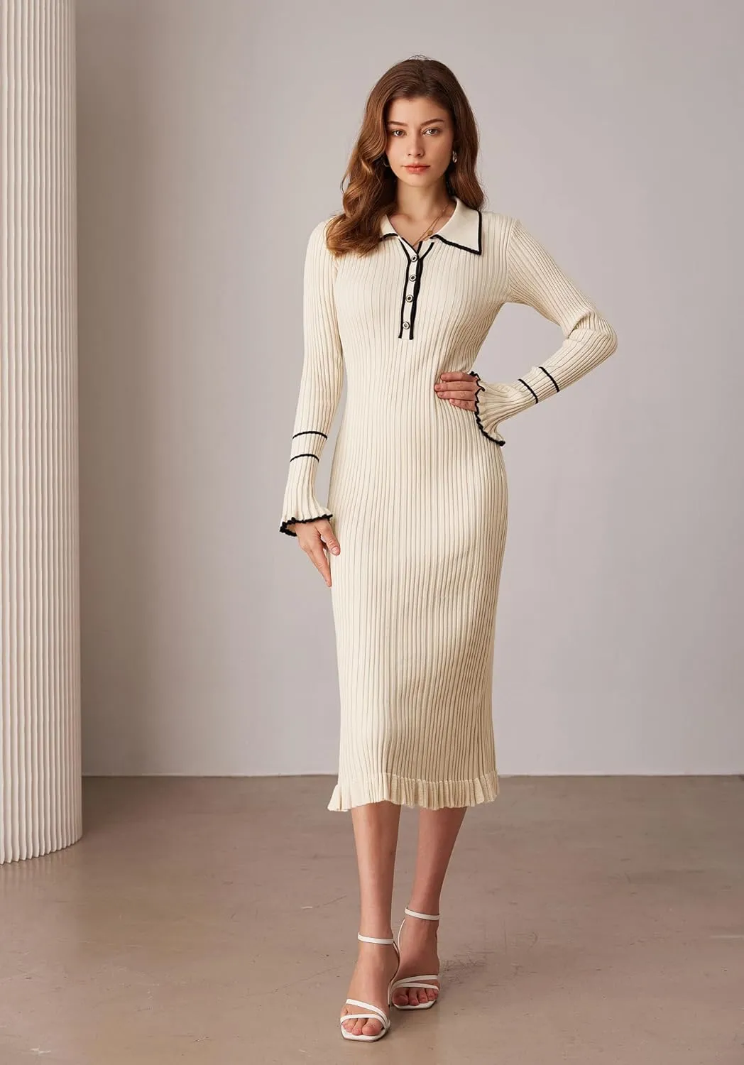 GRACE KARIN Women's 2024 Long Sleeve Sweater Dress Button Knit Slim Fit Casual V Neck Elegant Bodycon Midi Dresses