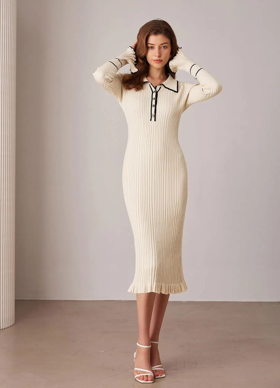 GRACE KARIN Women's 2024 Long Sleeve Sweater Dress Button Knit Slim Fit Casual V Neck Elegant Bodycon Midi Dresses