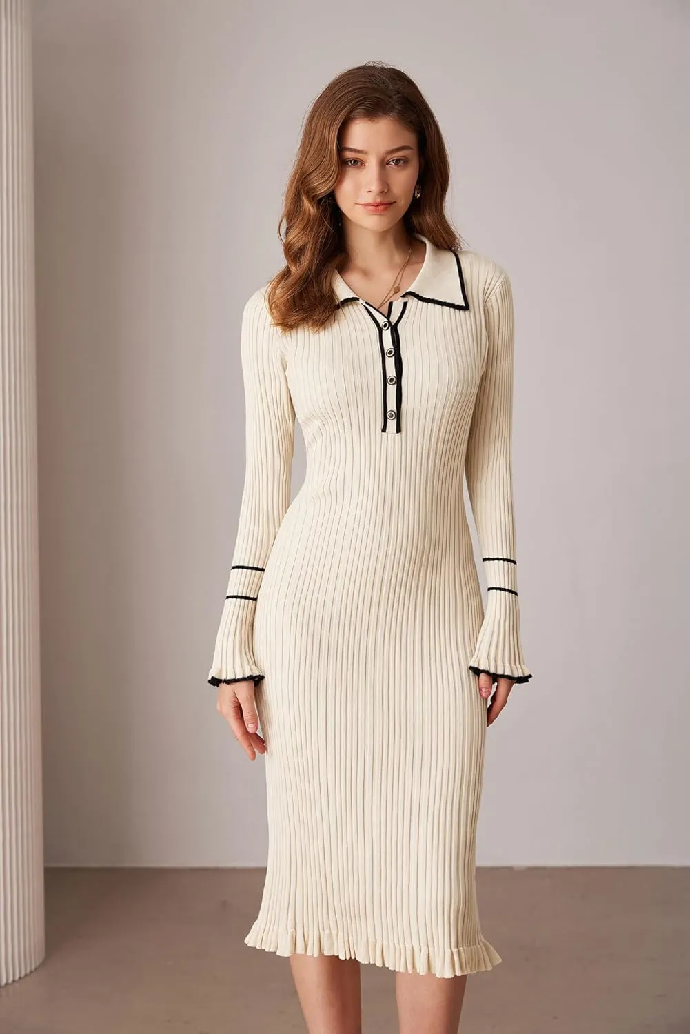 GRACE KARIN Women's 2024 Long Sleeve Sweater Dress Button Knit Slim Fit Casual V Neck Elegant Bodycon Midi Dresses