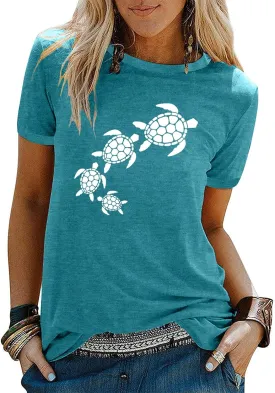 Graphic Tees for Women Vintage Sea Turtle T Shirts Hawaiian Beach Tshirts Summer Casual Short Sleeve Tops