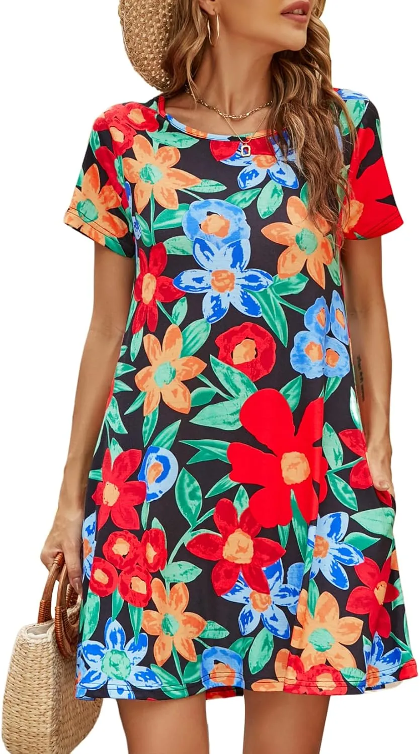Halife Womens Summer Casual Tshirt Dress Loose Lace Hem Short Sleeve Beach Sundresses with Pockets